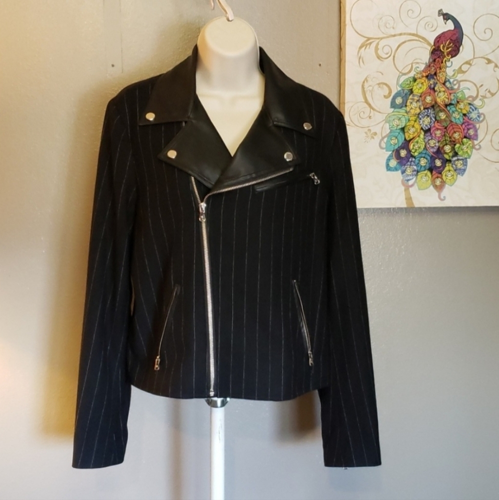 Ralph Lauren Black Pinstripe Leather-Trim Moto Jacket